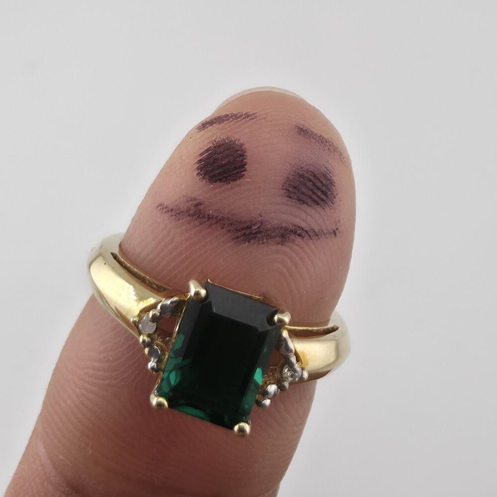 14K Yellow Gold Lab Emerald Ring Diamond Accents Size 6.75 Jewelry